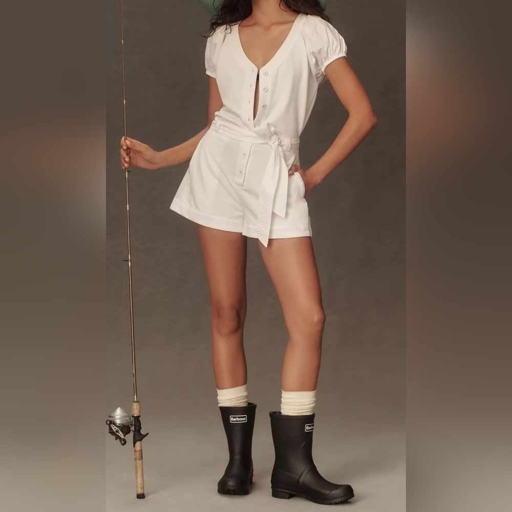 Sundays Dallas Romper by Anthropologie, White Cap Sleeve Button-Down, Size LARGE